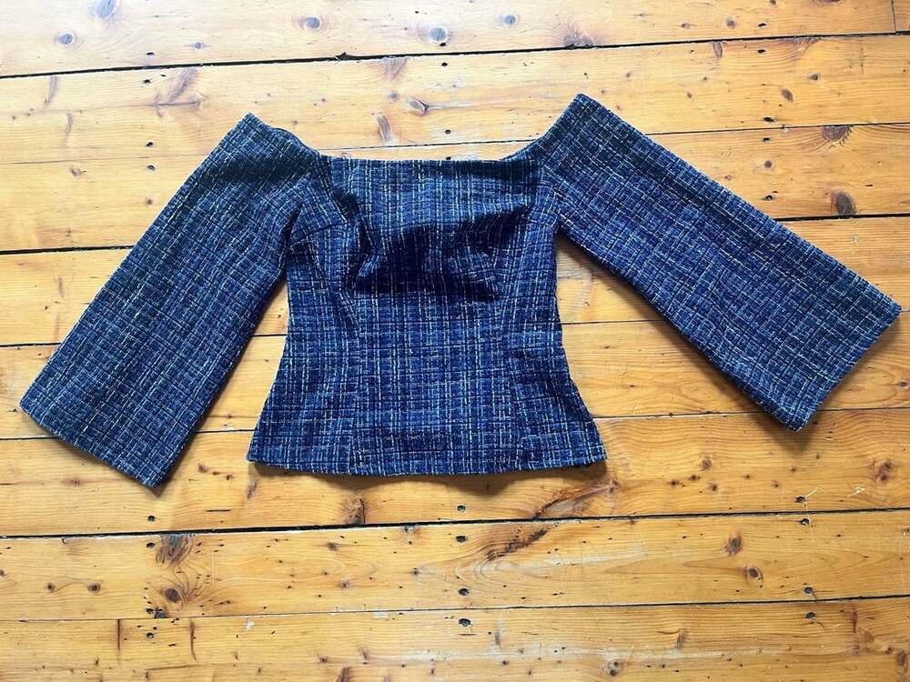 Zara Off-Shoulder Tweed Top Size XS Blue Plaid Flare Long Sleeve